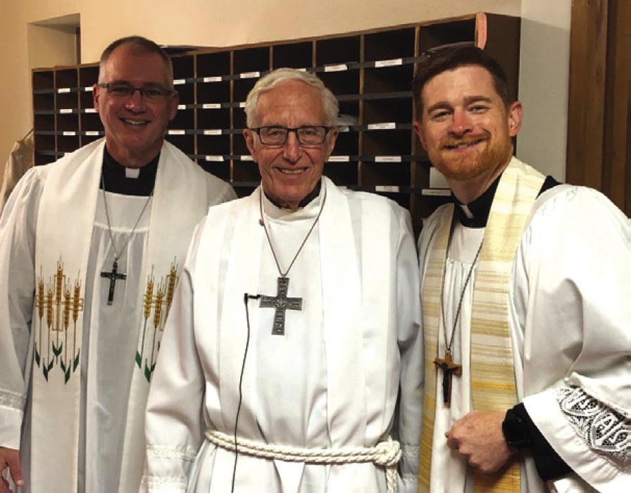 Holy Cross Lutheran in Warda celebrated their 150th Anniversary with a special homecoming service. Shown are current Pastor Dustin Beck, former Pastor Dennis Tegtmeier, and former member of Holy Cross Pastor Duane Bamsch.