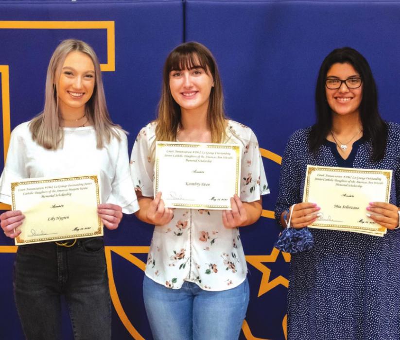 The Court Annunciation #1962 La Grange Outstanding Junior Catholic Daughters of the Americas Marjorie Kenne Memorial Scholarship went to Lily Nygren, Kaimbry Deen and Mia Solorzano.