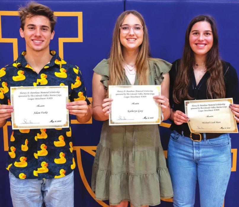 The Harvey D. Dannhaus Memorial Scholarship sponsored by The Colorado Valley Marine Corps League Detachment #1028 went to Adam Faske, Katheryn Gray and Michael-Leah Hart.