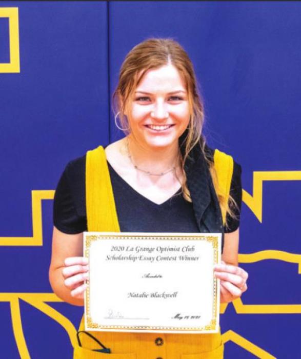 The 2020 La Grange Optimist Club Scholarship Essay Contest Winner went to Natalie Blackwell.