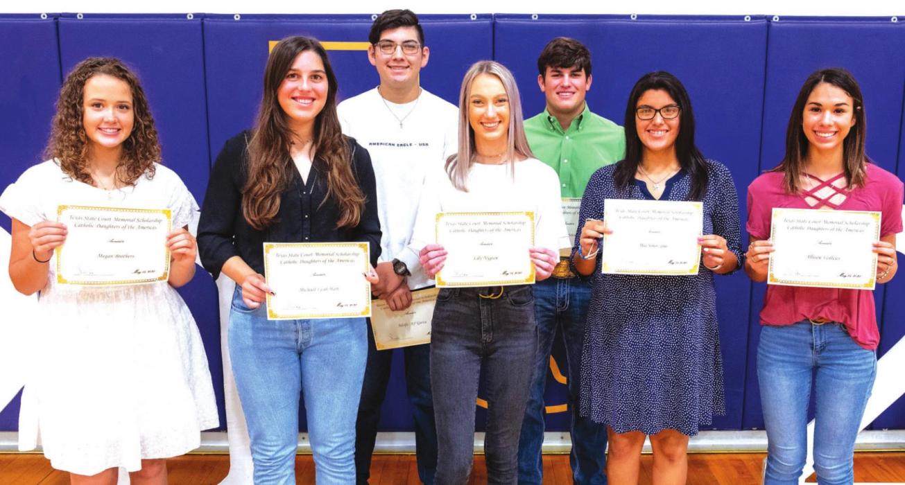 The Texas State Court Memorial Scholarship Catholic Daughters of the Americas - Ct. 1962 La Grange went to (front) Megan Brothers, Michael-Leah Hart, Lily Nygren, Mia Solorzano, Allison Veilleux, (back) Adolfo “AJ” Garza and Philip Matocha.