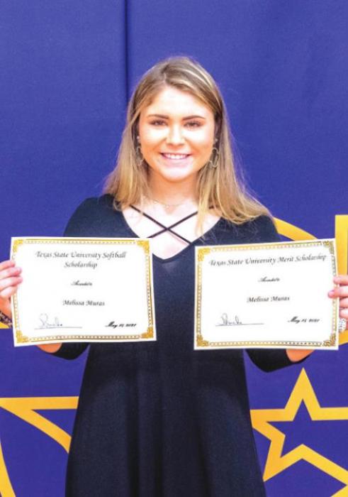 The Texas State University Softball Scholarship and Texas State University Merit Scholarship went to Melissa Muras.